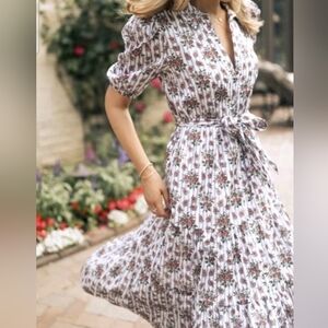 Veronica Beard Eunice Floral & Stripe Puff Sleeve Cotton Shirtdress Midi size 8